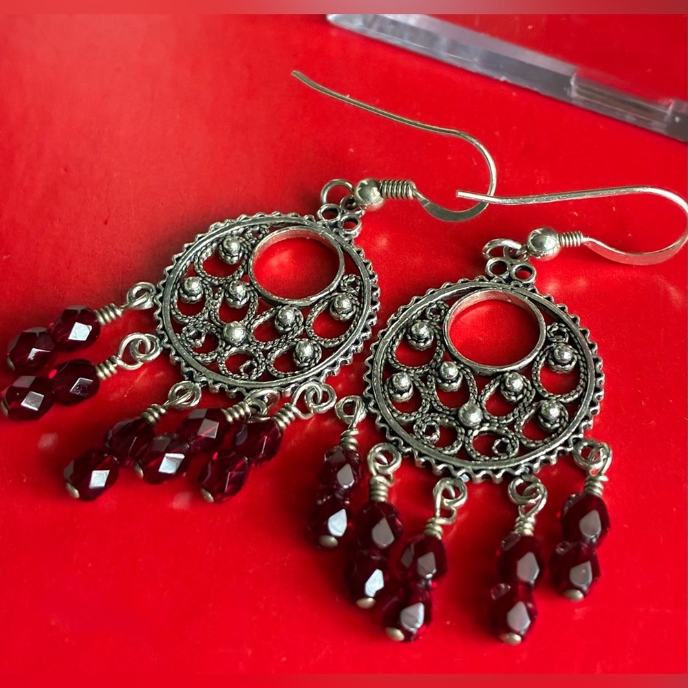 925 Sterling Silver Earrings,Filigree Dangle Earrings with Garnet Red Bead Drops - Picture 4 of 7